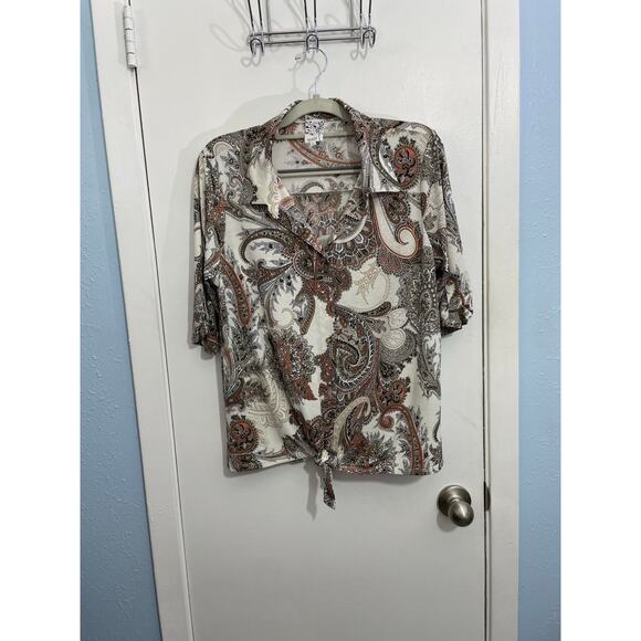 Naif Blouse Small Brown Paisley Stretch Knit Tie Waist Boho Cottage Core - Picture 1 of 6